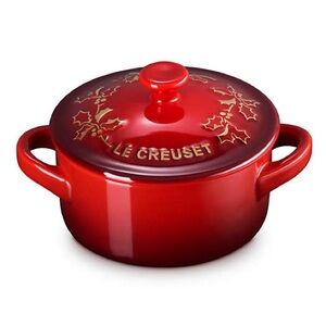 Le Creuset ® 8-oz. Cerise Holly Stoneware Mini Round Cocotte w/ Gold Detail, NIB